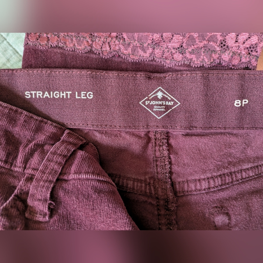 St. John's Bay Burgundy Straight-Leg Stretch Corduroys with Lace Detail. Size 8P - Picture 2 of 8